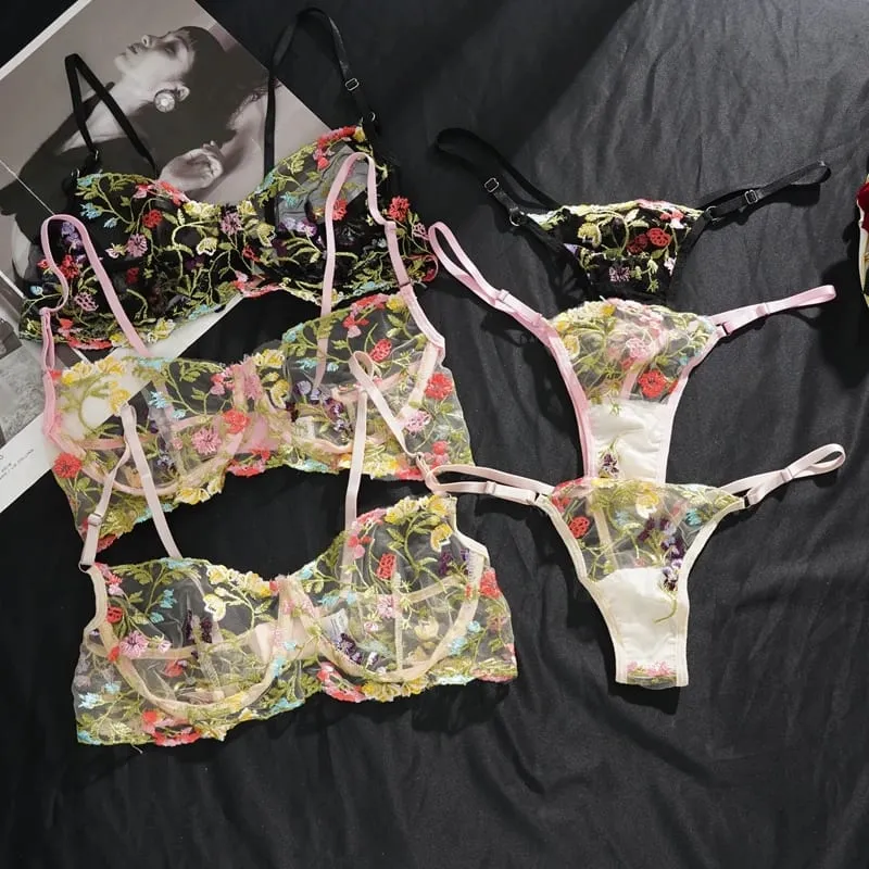 Women's New Sexy Embroidered Floral Lingerie Set Single-Layer Underwire Bra Thong Pants Hollow Transparent Out Lingerie Set — image 3