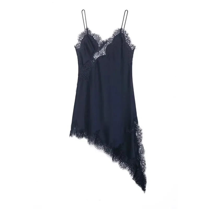 HH Women Elegant Asymmetry Hem Solid Dress Sleeveless Backless V Neck Fashion Dresses Female Sexy Lace splicing Mini Beach Dress — image 11
