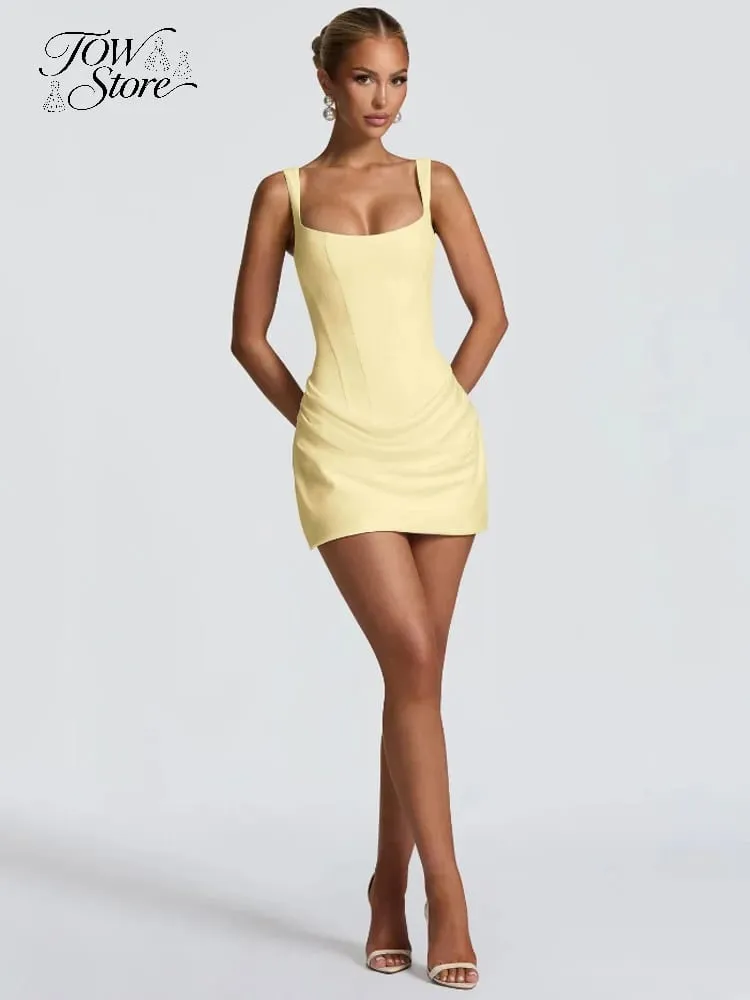 Square-neck Halter Mini Dress Women Sexy Pleated Sleeveless Backless High Waist Bodycon Dresses 2026 Women's Summer Party Robes — image 2