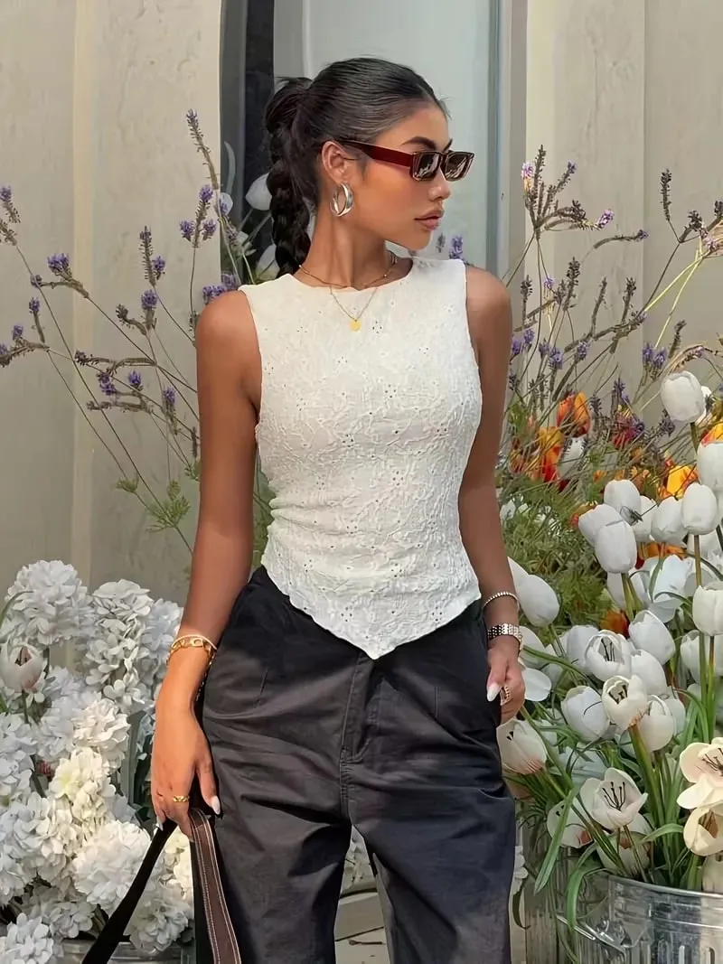 Women's Y2K Double-Layer Lace Slim Shoulder Strap Vest - Asymmetrical Hem Round Neck Lightweight Summer Shirt — image 7