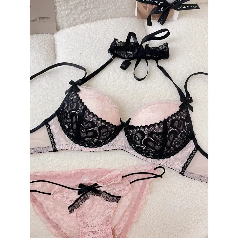 Ladies Halter Neck Lace Bra Detachable Bow Design Underwire Push Up Brassiere Side Breast Collection Daily Intimates Lingerie — image 6