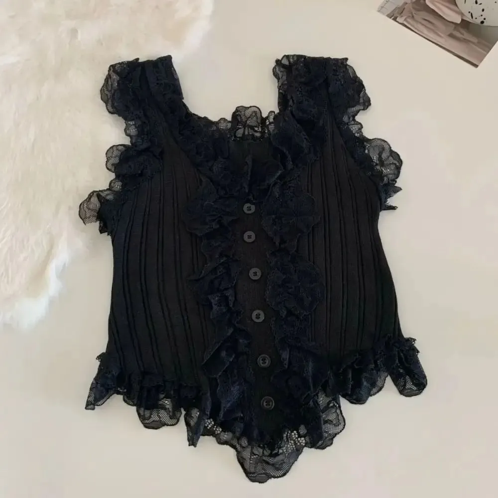 Süßes Y2k Spitze Strick Crop Top Tank Koreanischer Stil Damen Strickweste Top Unterhemd Süßes ärmelloses Leibchen Sommer