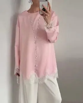 Women Elegant Lace Patchwork Lace-up Dress Solid Round Neck Full Sleeve Satin Loose Mini Dresses 2026 Spring Party Club Vestido — image 12