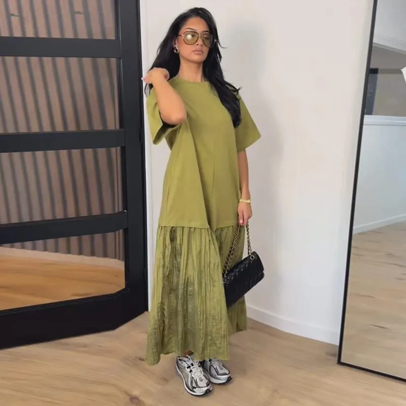 Solid Color Loose Fit Flare Sleeve Tiered Dress Crew Neck Ruffle Hem Pleated Long Maxi Dresses 2026 Spring Chic Casual Outwear — image 10