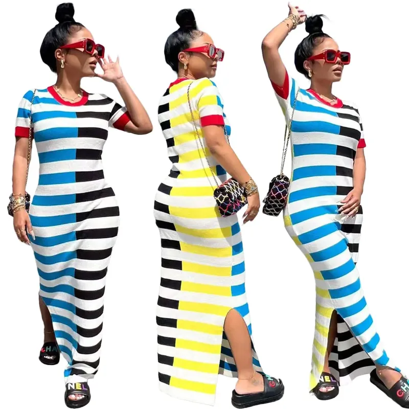 Spring Summer Women Stripe Dress Short Sleeve Split Bodycon Dresses Casual Tee Top