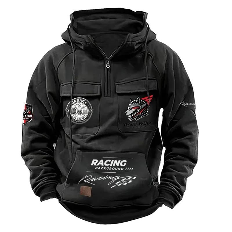 Men's Racing Suit With Large Pockets And Hooded Pullover. Men's Multi-pocket Outdoor Camping Hiking Sports Casual Jacket.