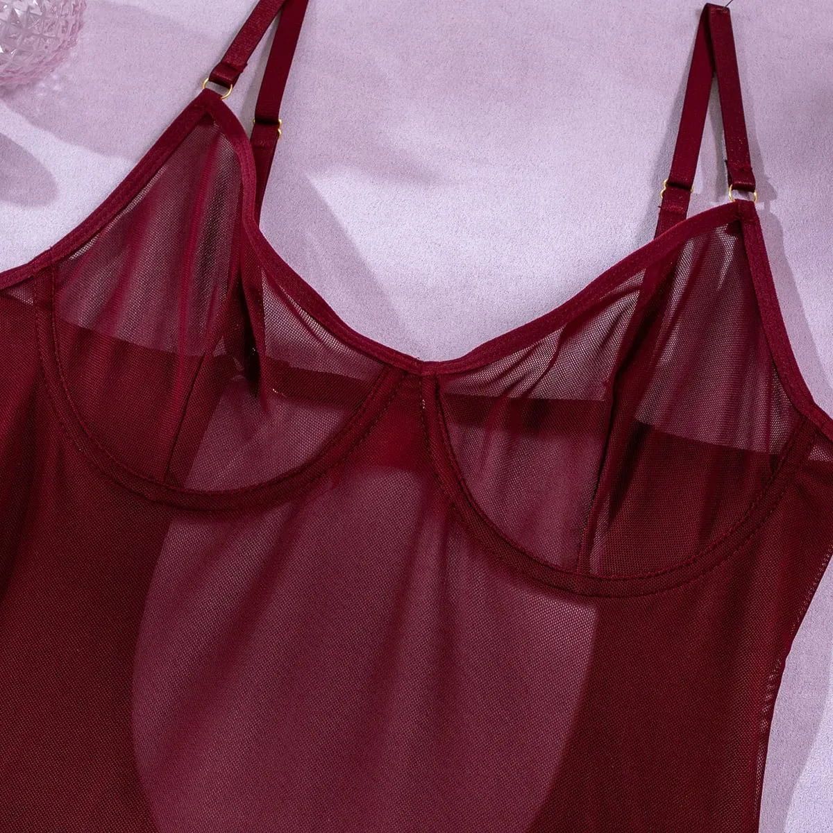 Sexy Solid Mesh Open Back Perspective Bodysuit with Rope Gloves Three Piece Set for Women See Though Fun Lingerie Intimates Suit — image 5