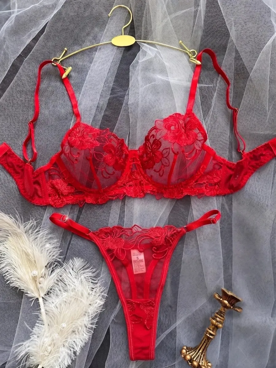 A1 Sexy Red Floral Embroidery Sheer Lace Lingerie Set S-XL Women See Through Mesh Bra Thong 2Pcs Romantic Valentine Intimates — image 5