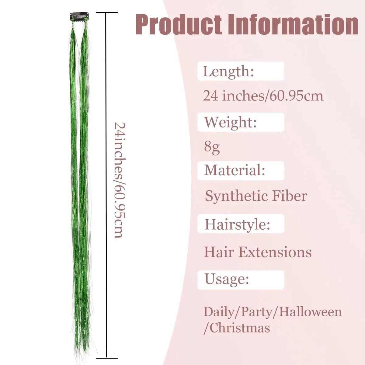24 inch 1Pcs Colored Hair Extensions with Tinsel Long Straight Hairpiece Color Party Highlights Clip in Synthetic Hair Extension — image 5
