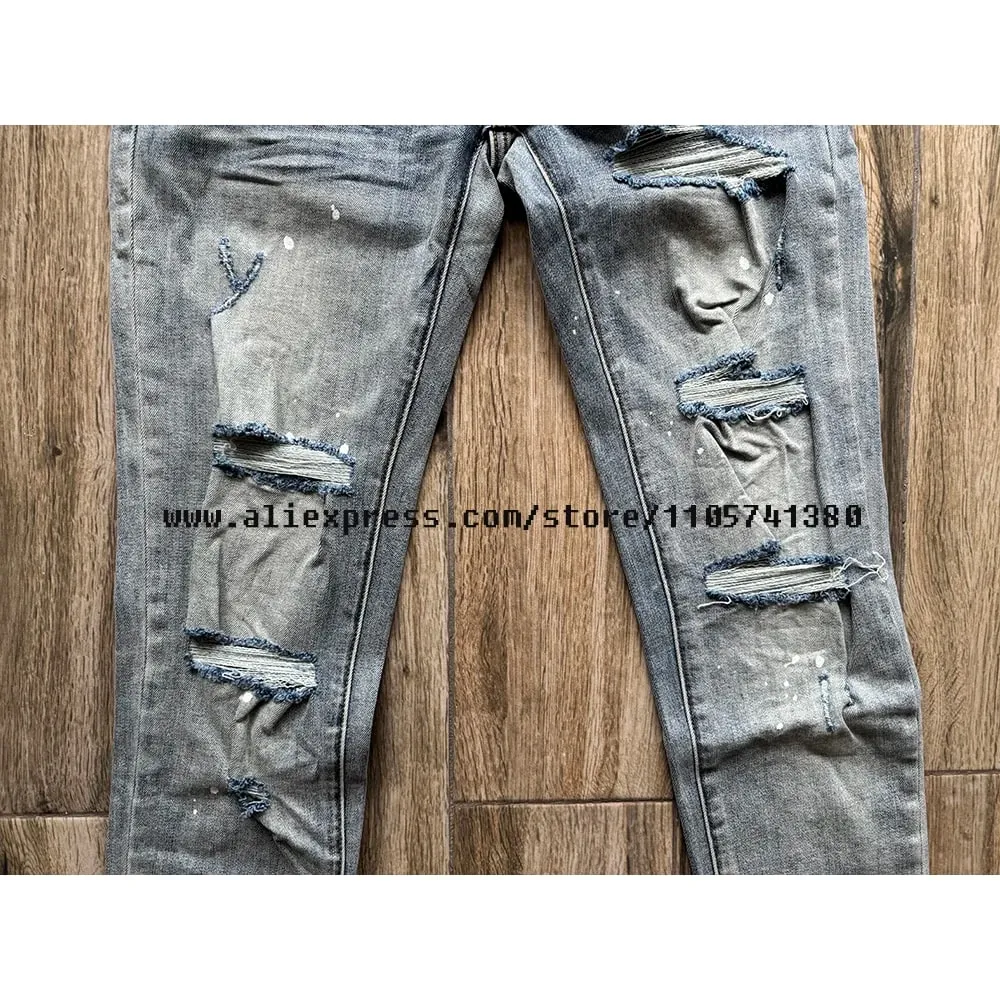 American High Street Quality Distressed Washed Light Blue Destroyed Holes Stretch Skinny & Slim Fit Spray Painted Ripped Jeans — image 6
