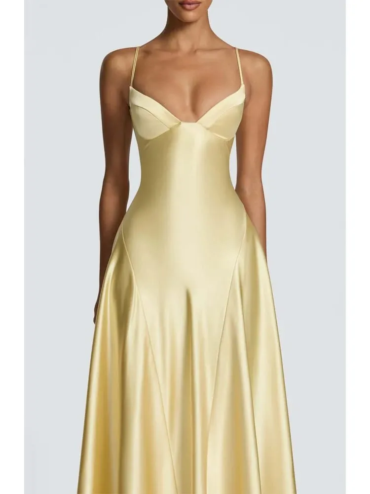 Vestido amarillo de corte bajo y espalda descubierta de cintura alta con cordones sin mangas cintura Cincher Spaghetti Strap Vestidos Fiesta Club bata de mujer — image 4