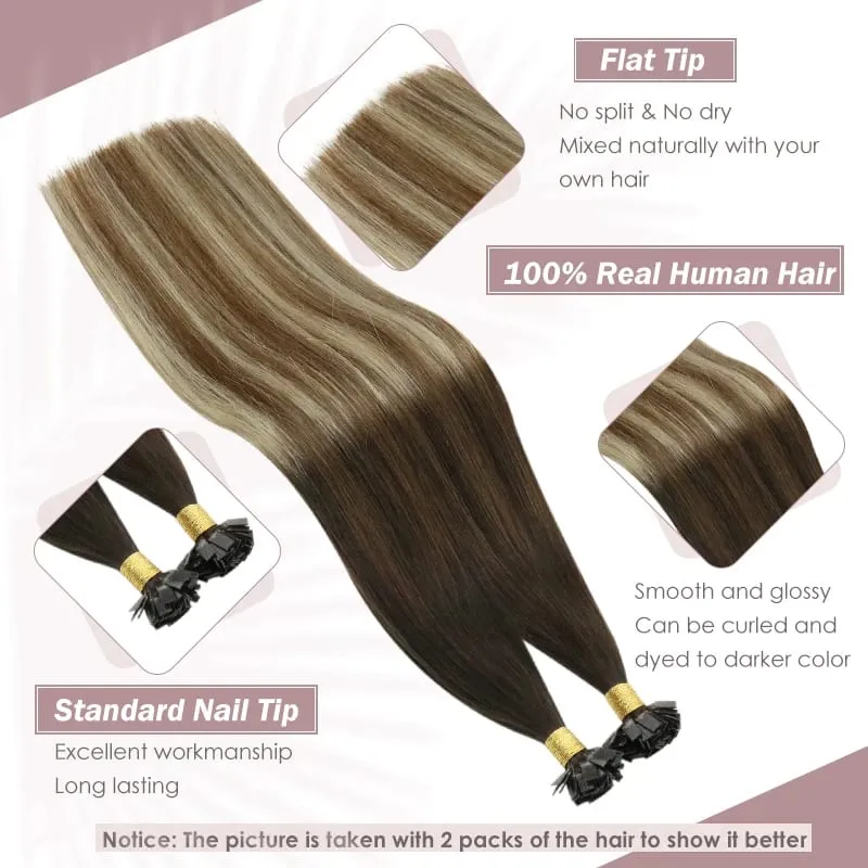 Ugeat Flat Tip Hair Extensions Human Hair Pre-bonded Hair Extensions 14-24" Keratin Flat Human Hair Balayage Farve Hår 1g/1s — image 2