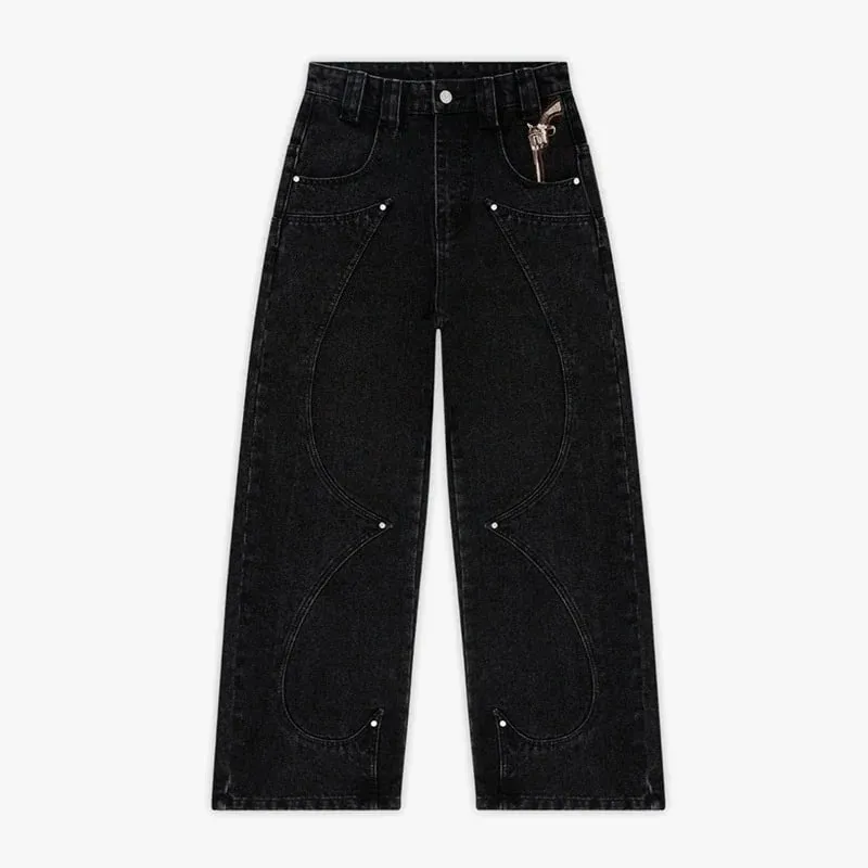 Men Black Baggy Jeans with Warrior Embroidery Pockets Wide Leg Denim Pants Y2K Streetwear Hip Hop Trousers