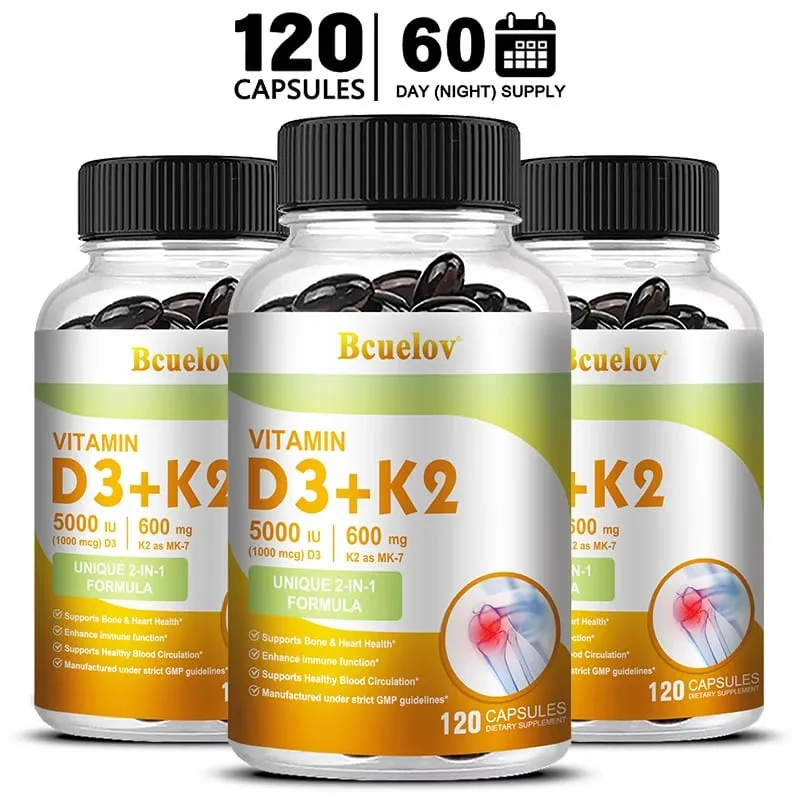 Bcuelov 비타민 D3+K2 5000 IU 비타민 D3 비 GMO 포뮬러 삼키기 쉬운 비타민 D 및 K 복합 건강 보조 식품 — image 10