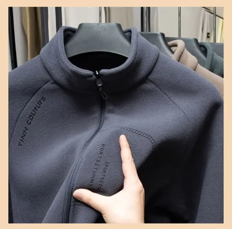 Men Double-sided Polar Fleece Hoodie Cardigan Solid Full Zip Warm Letter Print Casual Coats Thicken Sport Classic Sweatshirts