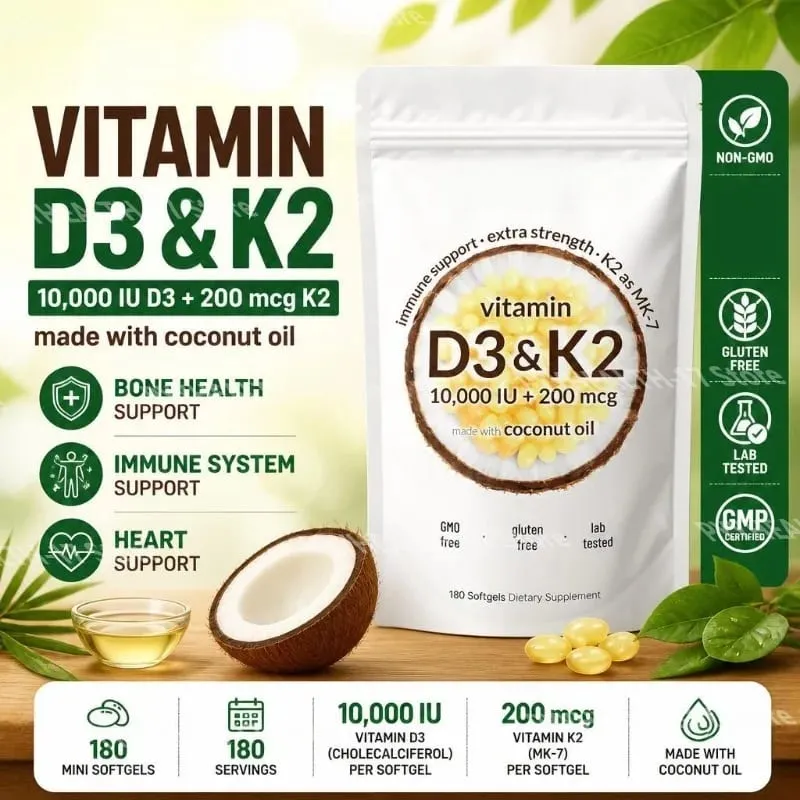 Vitamin D3 K2 Softgels with MK-7 and Coconut Oil 10 000 IU + 200 Mcg Adult Bone and Immune Wellness Support 180 Mini Softgels — image 1