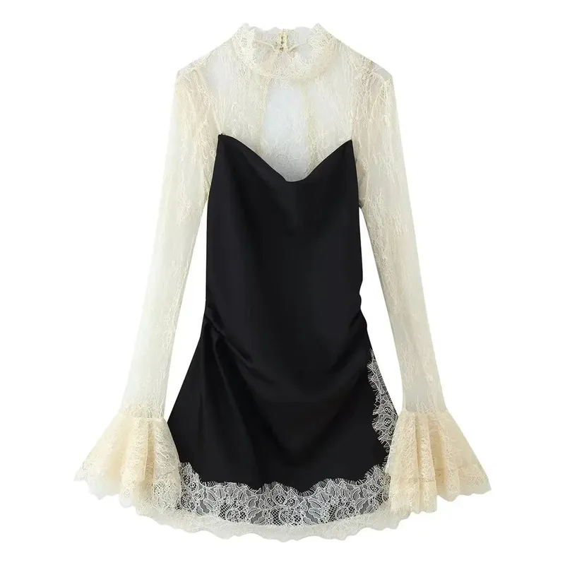HH 2026 Women Lace Patchwork Mini Dress Vintage Contrast Slim Long Sleeve Dresses Y2k Summer Fashion High Street Lady Chic Dress