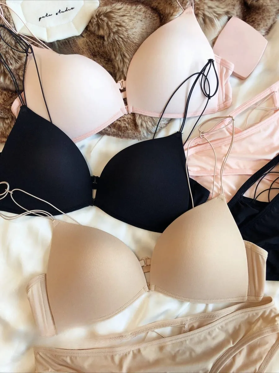French Front Buckle Women Underwear Sexy Hollow Push Up Bra Set Summer Thin Cup Backless Bralette Fine Shoulder Strap Lingerie — image 3