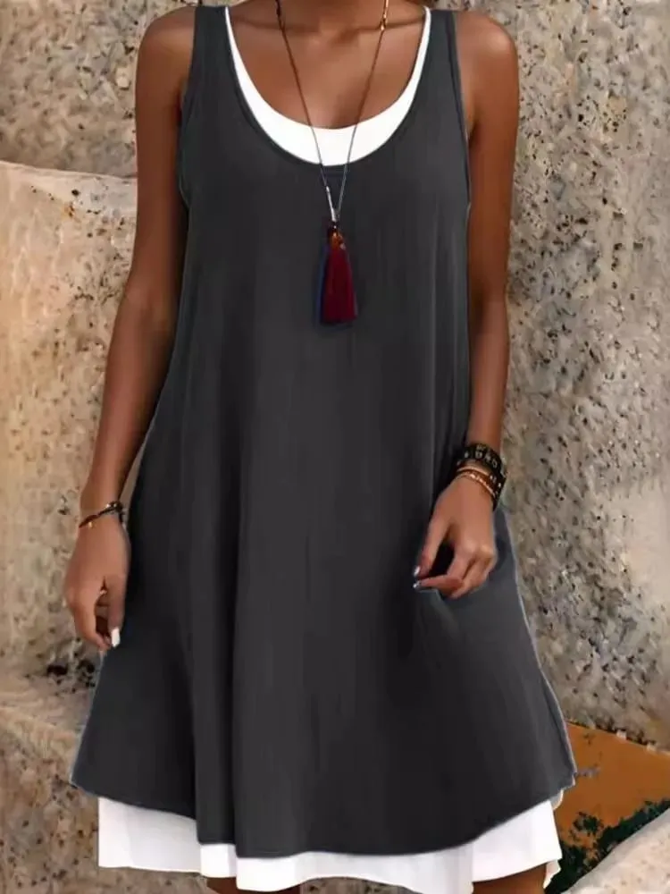 Summmer Women's Solid Dress Casual Sleeveless Fake Two Piece Loose Dresses Female O Neck Office Holiday Beach Party Dress New — image 7