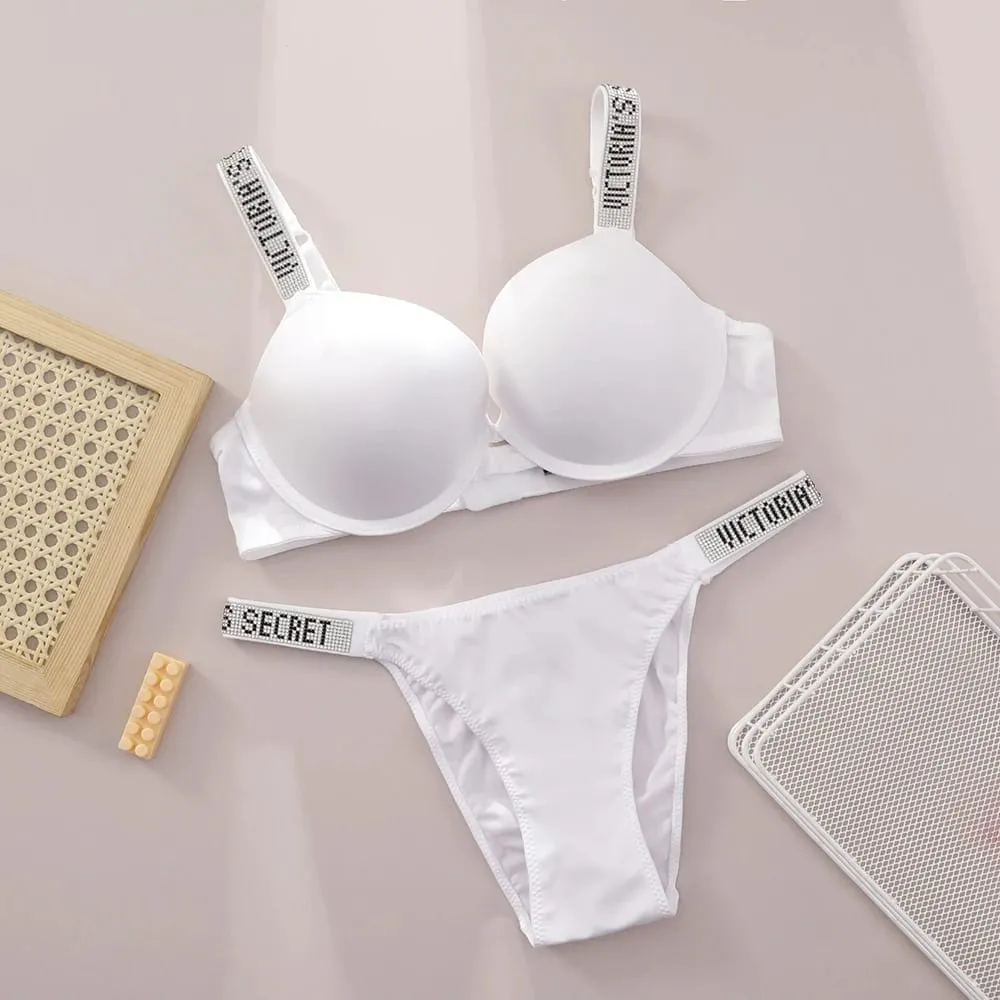 Victoria Secret Shine Script Thong Panty Very Sexy Logo Shine Strap Push Up Bra Set Sexy Women Lingerie Hot — image 2
