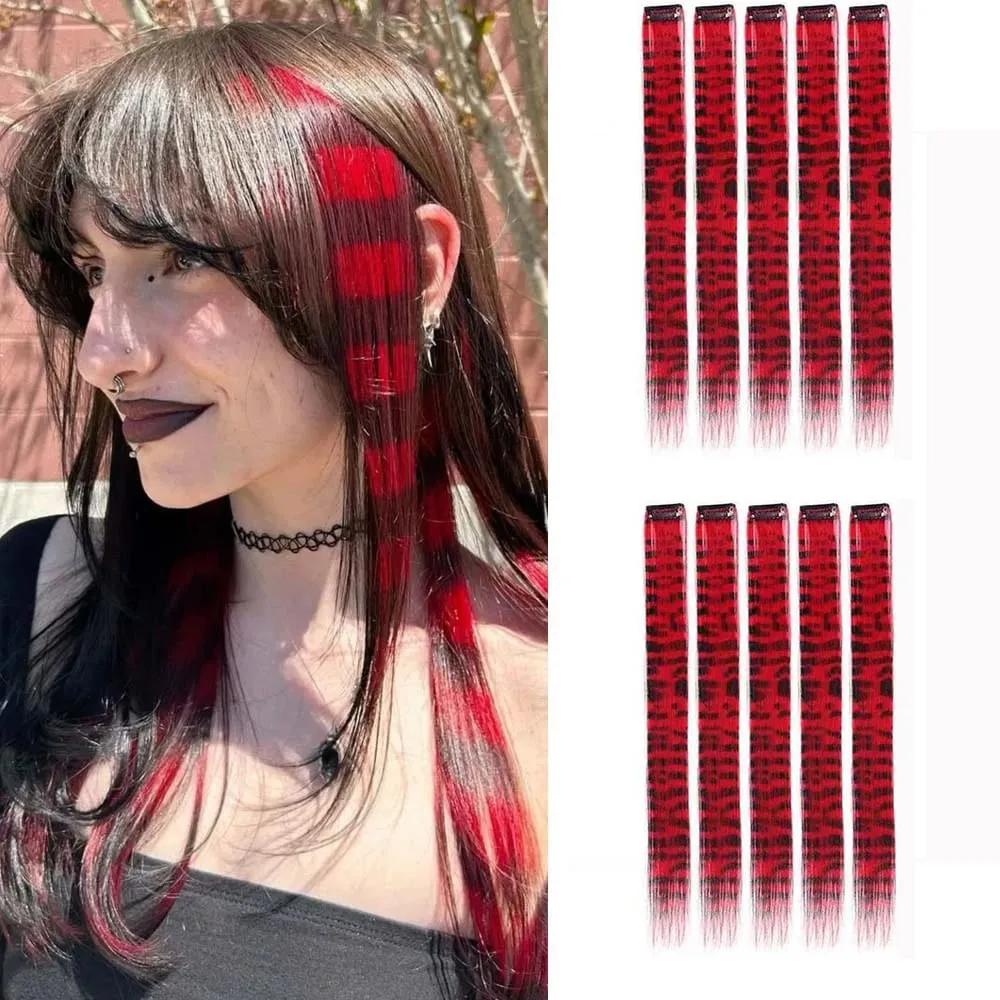 10pcs/set Stripe Printed Hair Colorful Long Straight Hair Pieces Synthetic Clip-in Hair Extensions for Daily Use Party Halloween — image 13