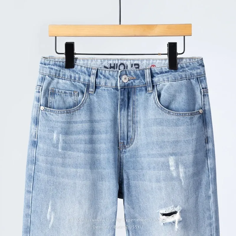 2026 Men's Spring Summer Ripped Hole Jeans Korean Style Straight Leg Casual Harem Denim Pants Distressed Washed Baggy Trousers