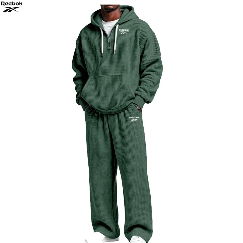 2026 Reebok Brand Spring-Autumn Men's Hooded Sweatshirt Set - Retro Solid Color Loose Fit Street Style Half-Zip Hooded Shirt - C — image 3
