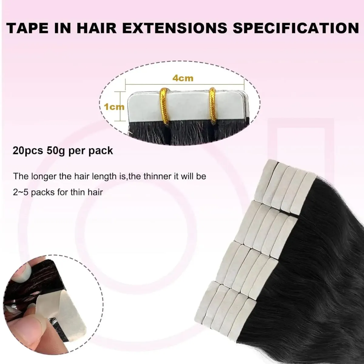 Straight Tape In Hair Extensions Natural Black 26 Inch Adhesive Invisible Brazilian Remy 100% Human Hair Tape Ins 50G/20Pcs/Pack — image 6
