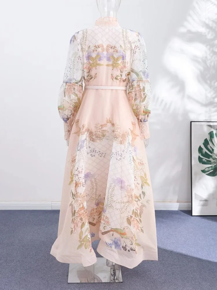 Pakaian Wanita Bercetak Renda Elegan Separuh Tinggi Kolar Tinggi Lengan Longgar Tali Pinggang Single Breasted Skirt Wanita Musim Panas 2026 Jubah Terbungkus Wanita — image 7