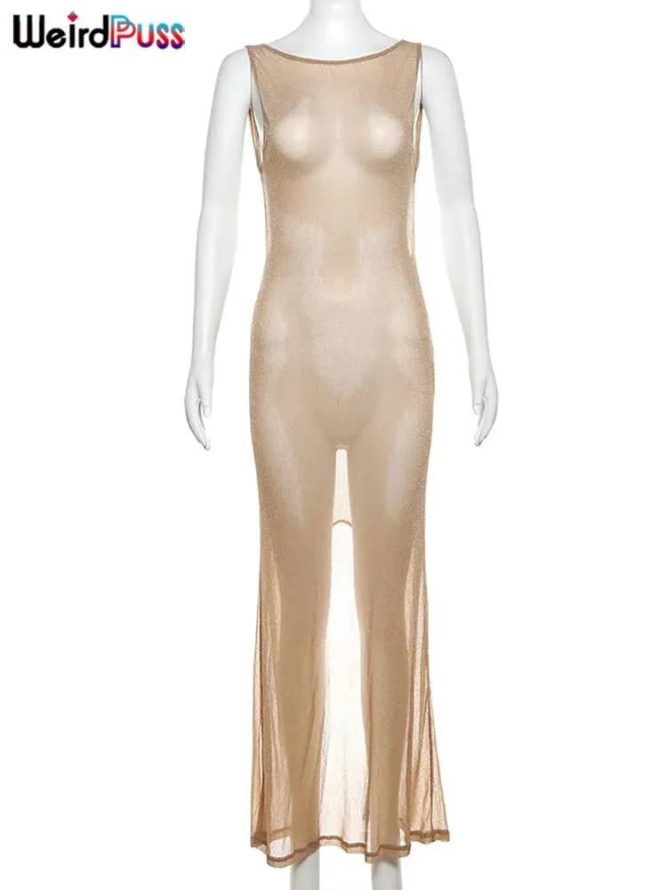 Gaun Tembus Pandang Kucing Aneh Wanita 2024 Musim Panas Tipis Tanpa Lengan Glitter Belahan Coquette Backless Clubwear Pantai Seksi Vestidos — image 7