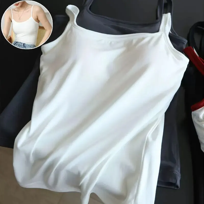 Women's Solid Color Spaghetti Straps Sleeveless Slim Camisole with Chest Pad Cotton Summer Wear Outside Female Short Tops Vests — image 3