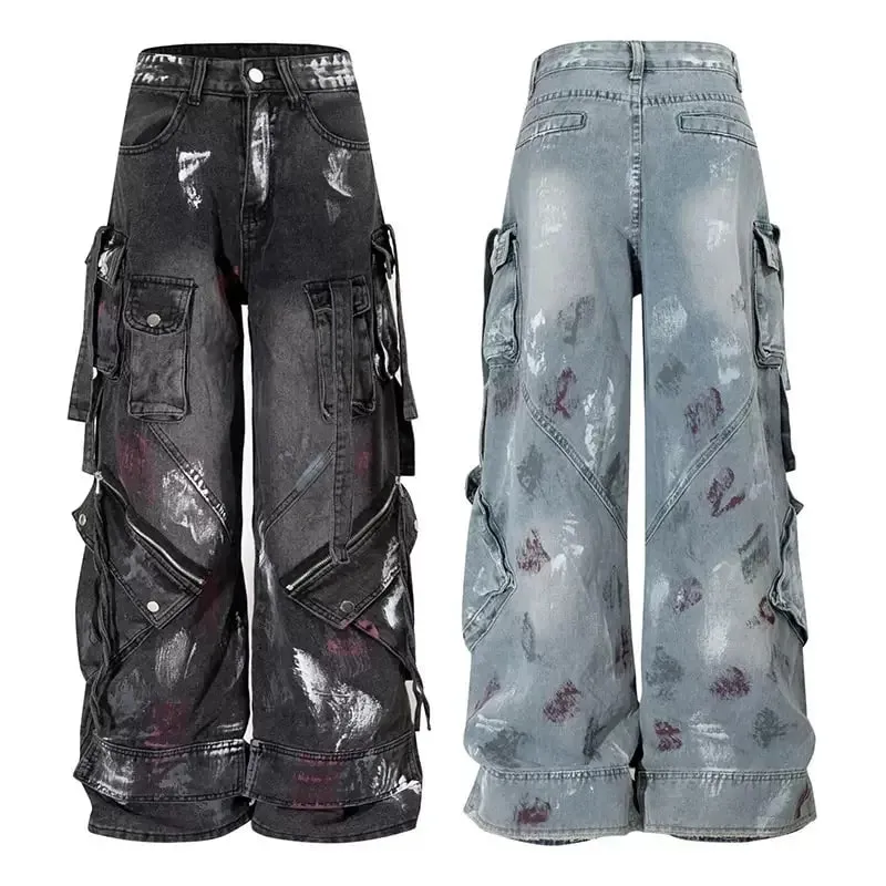 2000s Y2K heavy industry drag pants Gothic multi-pocket hip hop wide leg jeans washed black jeans men and women street pants — image 2
