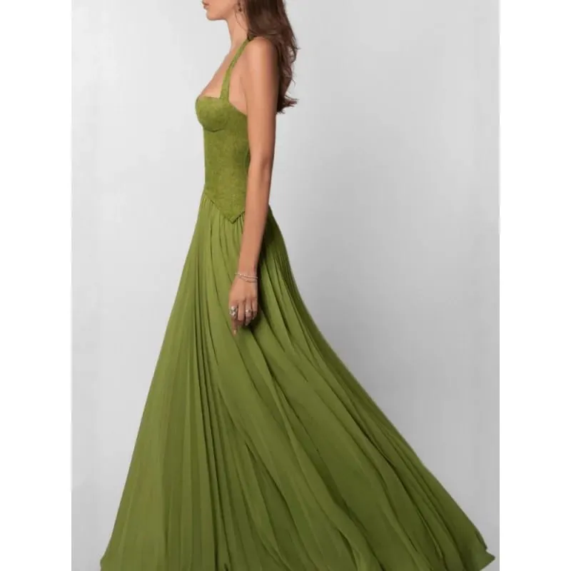Green Fishbone Corset Halter Maxi Dress Women Backless Off Shoulder Pleated Patchwork Slim Dresses Lady Christmas Party Gown New — image 5
