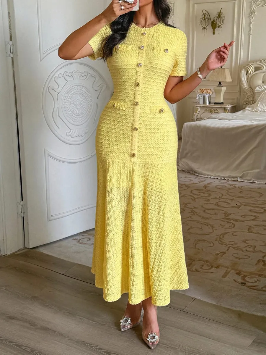 Women's Solid Color Midi Dress Short Sleeve Gold Button Decorated Fitted Flared Hem Gown Elegant Retro Outfit Dating & Parties — image 2