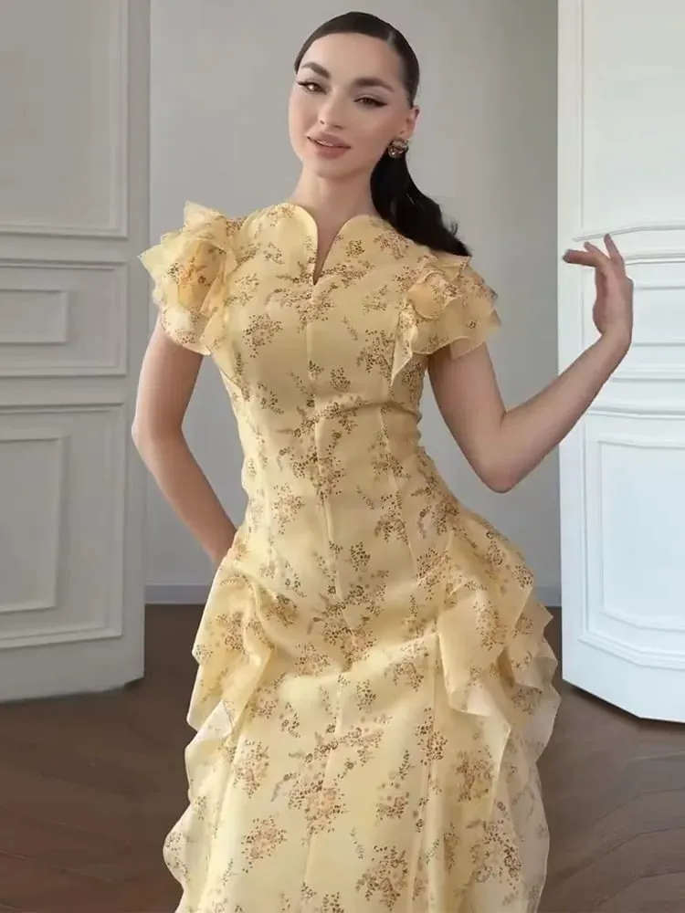 Floral Print Stand Collar Ruffled Tiered Dress Waist Cinched Flutter Sleeve 2026 Summer Women Dress Casual Delicate Lady Vestido — image 5