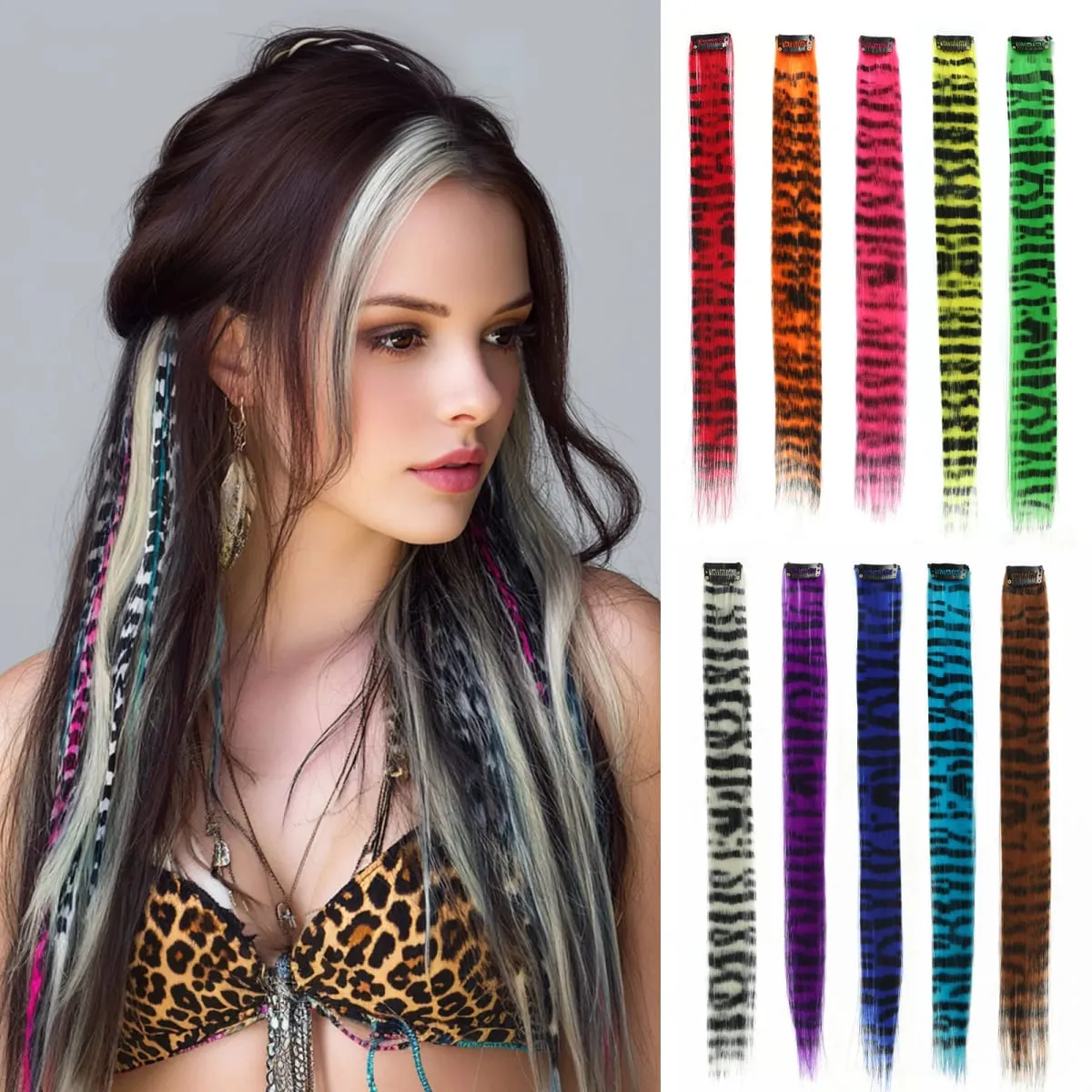 Synthetic Clip in Striped Hair Extensions Clip in Leopard Print Hairpieces Colorful hairpieces for women girls Christmas