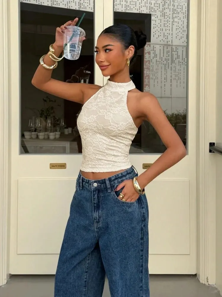 Women's Sexy White Lace High Neck Halter Back Button Backless Slim Fit Crop Top Casual Daily Vacation Summer 2026 — image 3