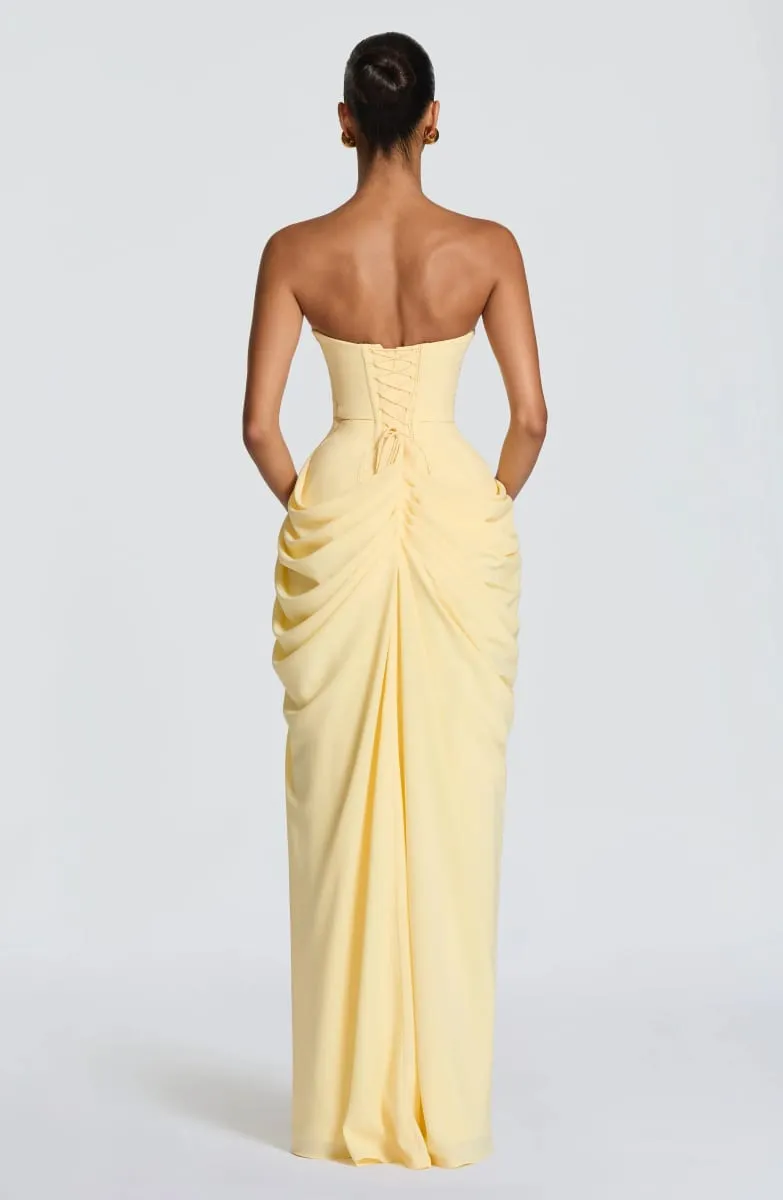 Mingmingxi 봄 여름 노란색 Strapless 맥시 드레스 Ruched 높은 슬릿 이브닝 가운 Bodycon 웨딩 게스트 파티 드레스 여성 — image 6