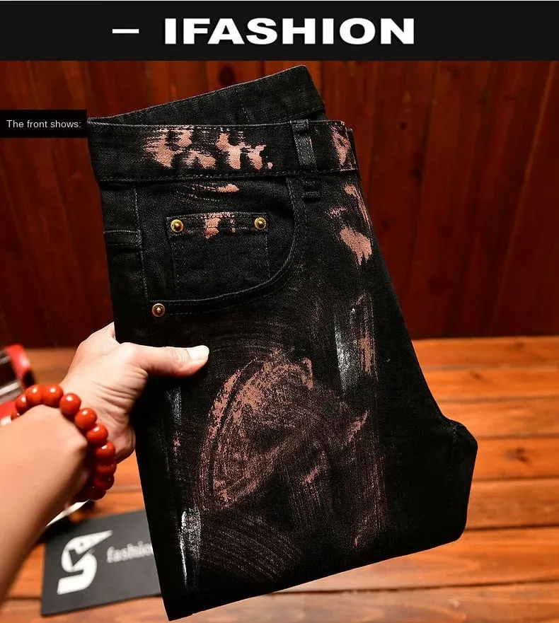 2025 Autumn Black Jeans Men's Inkjet Graffiti Printed Street Men's Clothing Nostalgic Trend High end Retro Denim Pants — image 8