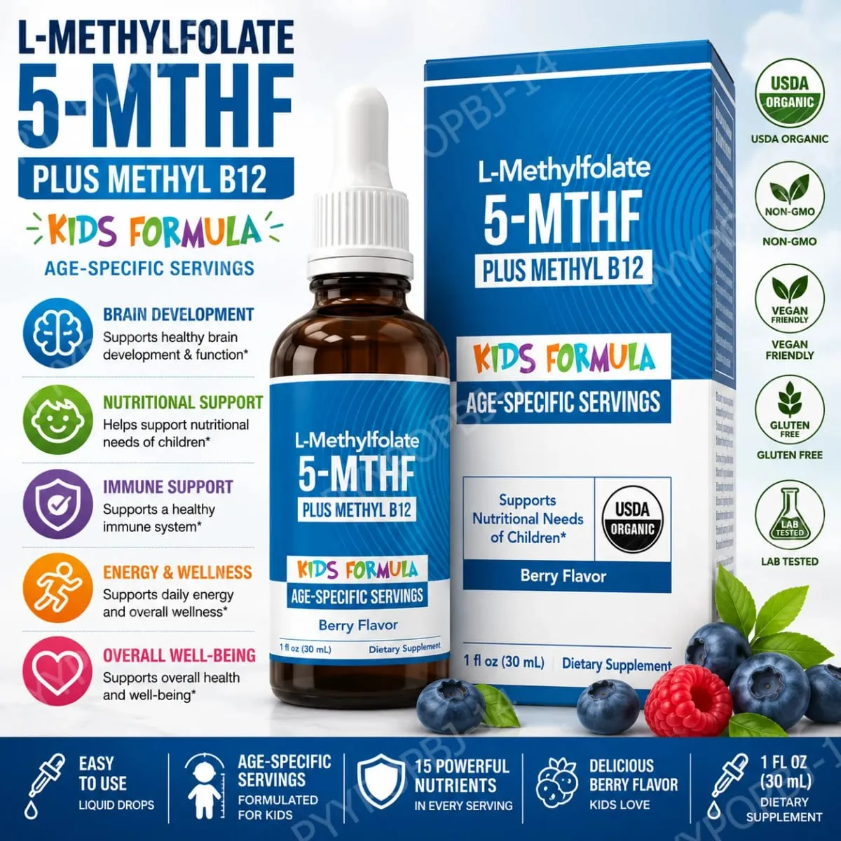 Kids L-Methylfolate 5-MTHF Liquid Drops with Methyl B12 Active Folate Support 1 Fl Oz USDA Organic Vegan Non-GMO — image 1