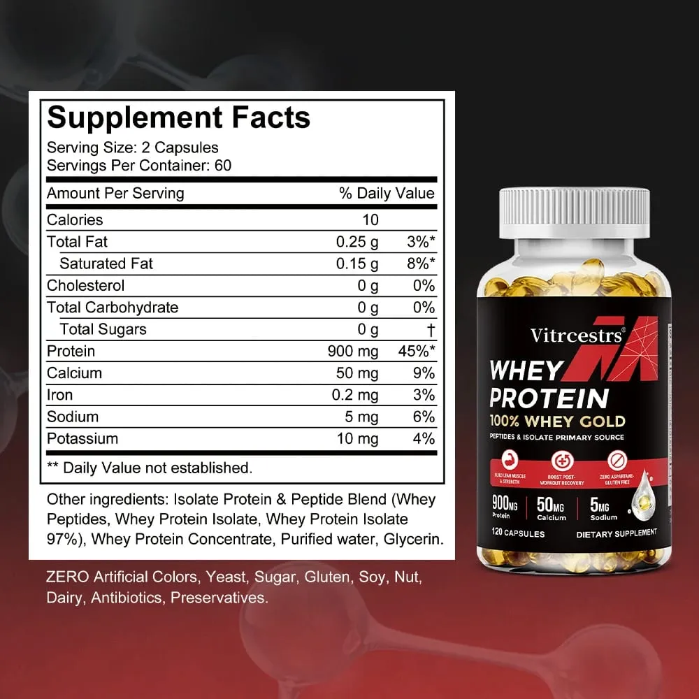 Whey Protein Concentrate Capsules - 900mg Protein Post-Workout Recovery Muscle Health & Immunity Boost Gluten-Free Non-GMO