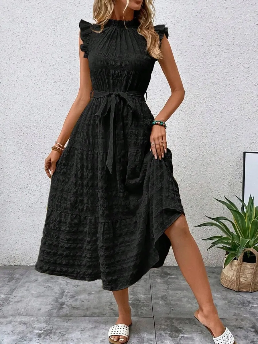 2026 Summer Fashion Flutter Sleeve Women Stand Collar Ruffles Solid Color Elegant Loose Long Dress Lace-up Texture Party Dresses — image 3