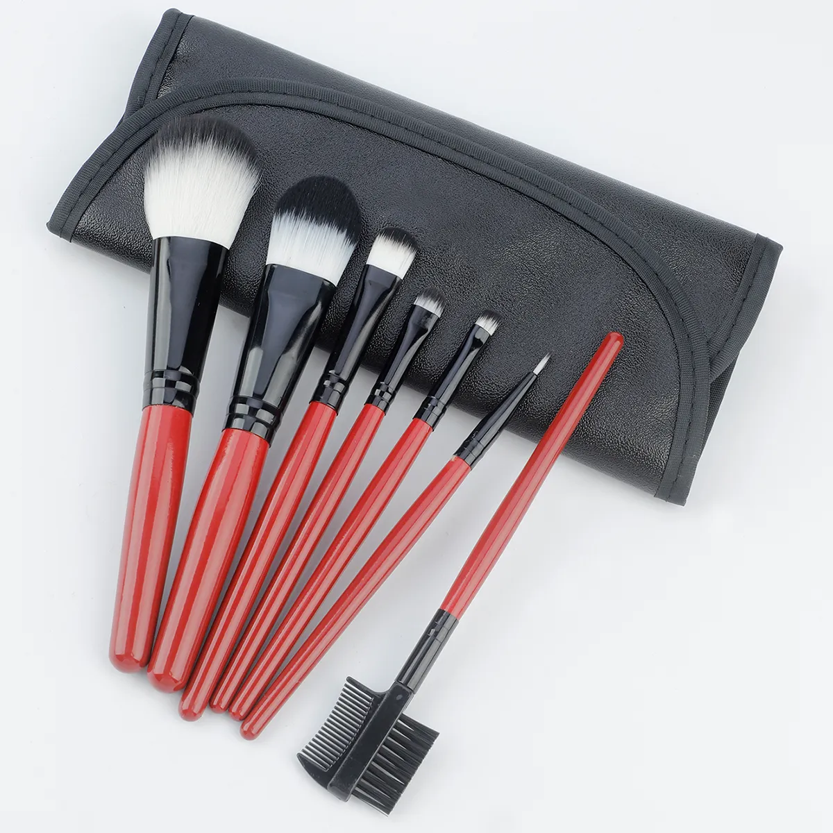 7 Pcs Wine‑red Handle Makeup Brush Set With PU Leather Storage Bag Soft Bristle Powder Blush Eyeshadow Cosmetic Brushes Kit — image 6