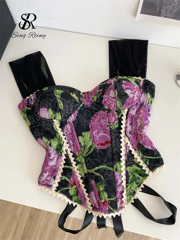 American Retro Print Evening Camisole Female Strap Lace Spliced Slim Top 2025 Streetwear Floral Vintage Beach Tank Top — image 3