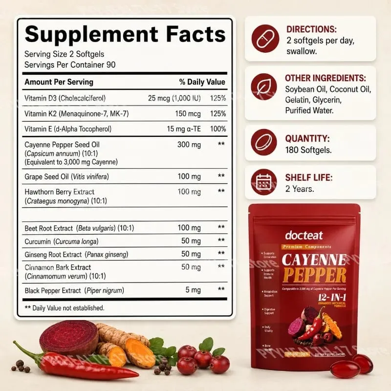 Cápsulas blandas de pimienta de Cayena con fórmula botánica mejorada 12 en 1 para apoyo antioxidante y de salud vascular 180 cápsulas blandas — image 2