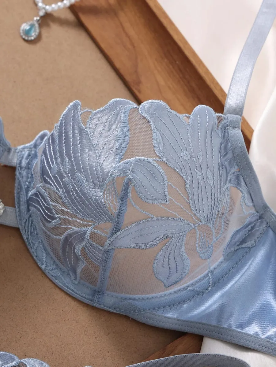 Silver Blue Floral Embroidery Lingerie Set Satin Mesh Underwire Bra Thong Women Intimate Underwear Honeymoon Boudoir ZA824031 — image 4