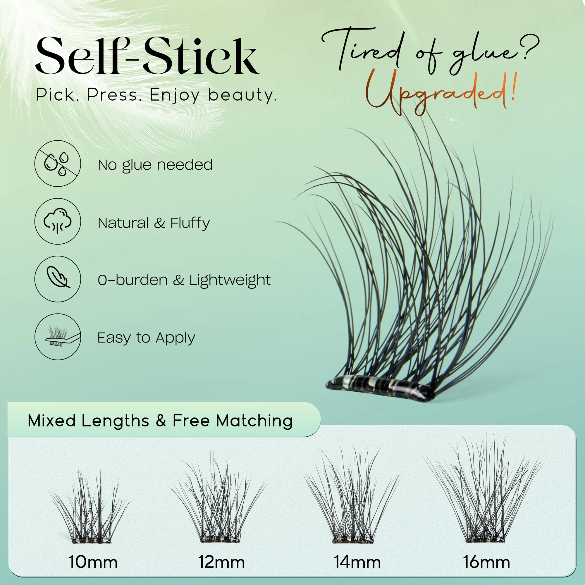 Self Adhesive Eyelashes ไม่ต้องใช้กาวขนตา 10-16 มม.Pre Glued Cluster Lashes D Curl นุ่มธรรมชาติกดบนขนตา