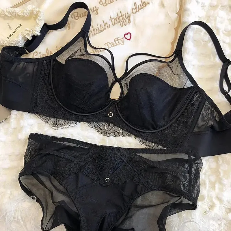 Sexy Hollow Bra Briefs Set Women Lace High Quality Underwear Thin Cup Adjustment Type Push Up Bras Mesh Lingerie Sets — image 8
