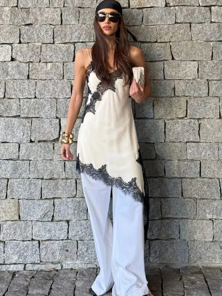 HH Women Elegant Asymmetry Hem Solid Dress Sleeveless Backless V Neck Fashion Dresses Female Sexy Lace splicing Mini Beach Dress — image 3