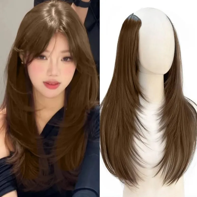 Clip in Hair Extensions Wig Synthetic Hairpiece High Layered Inward-Curled Hair Extensions with 5 Clips for Women Daily Use